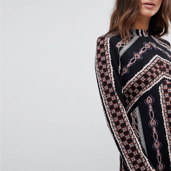 Free People Stella Graphic Long Sleeve Mini Dress M Zip Back Geometric MockNeck - Picture 2 of 15